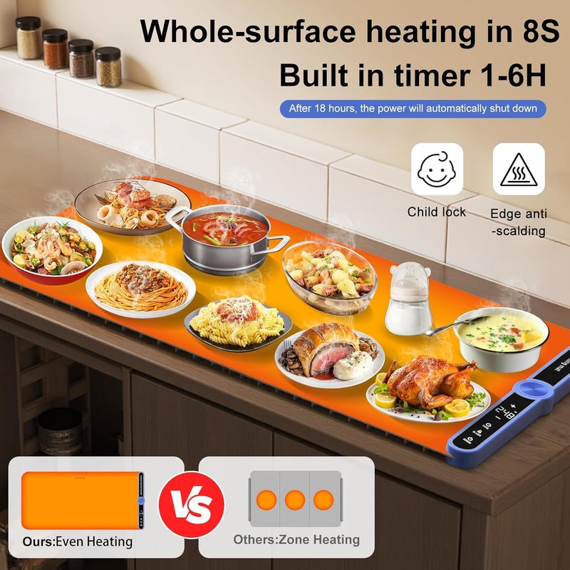 Aordeep Electric Silicone Food Warmers for Parties Buffet XXL 40”X15” Extra Extra Large Food Warming Mat Keep Food Warm Last 18H Even Heating 104F to 248F with Child Lock Easy Clean - Image 4